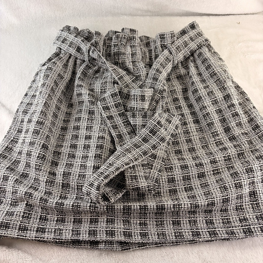 KANCY KOLE Black & White Tweed Plaid Paperbag Waist Mini Skirt XL Retro Preppy